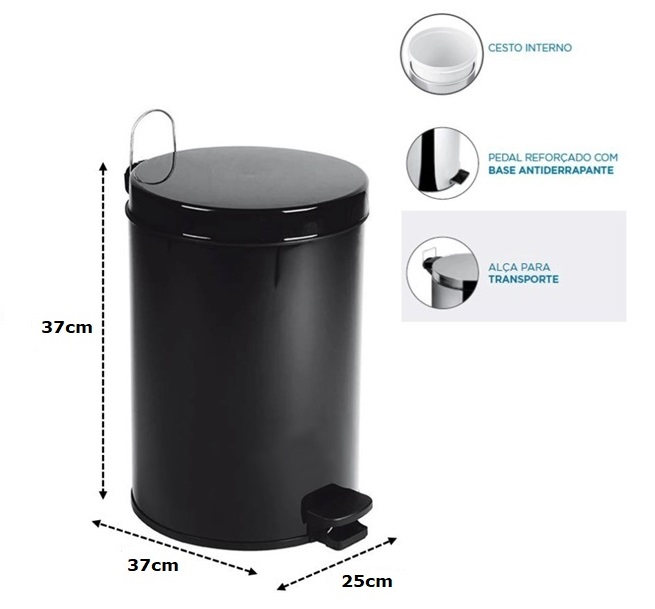 Lixeira com Pedal e Balde Pratika 10,5L Preta Purimax - Imagem 2