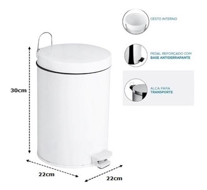 Lixeira com Pedal e Balde Pratika 5,5L Branca Purimax - Imagem 2