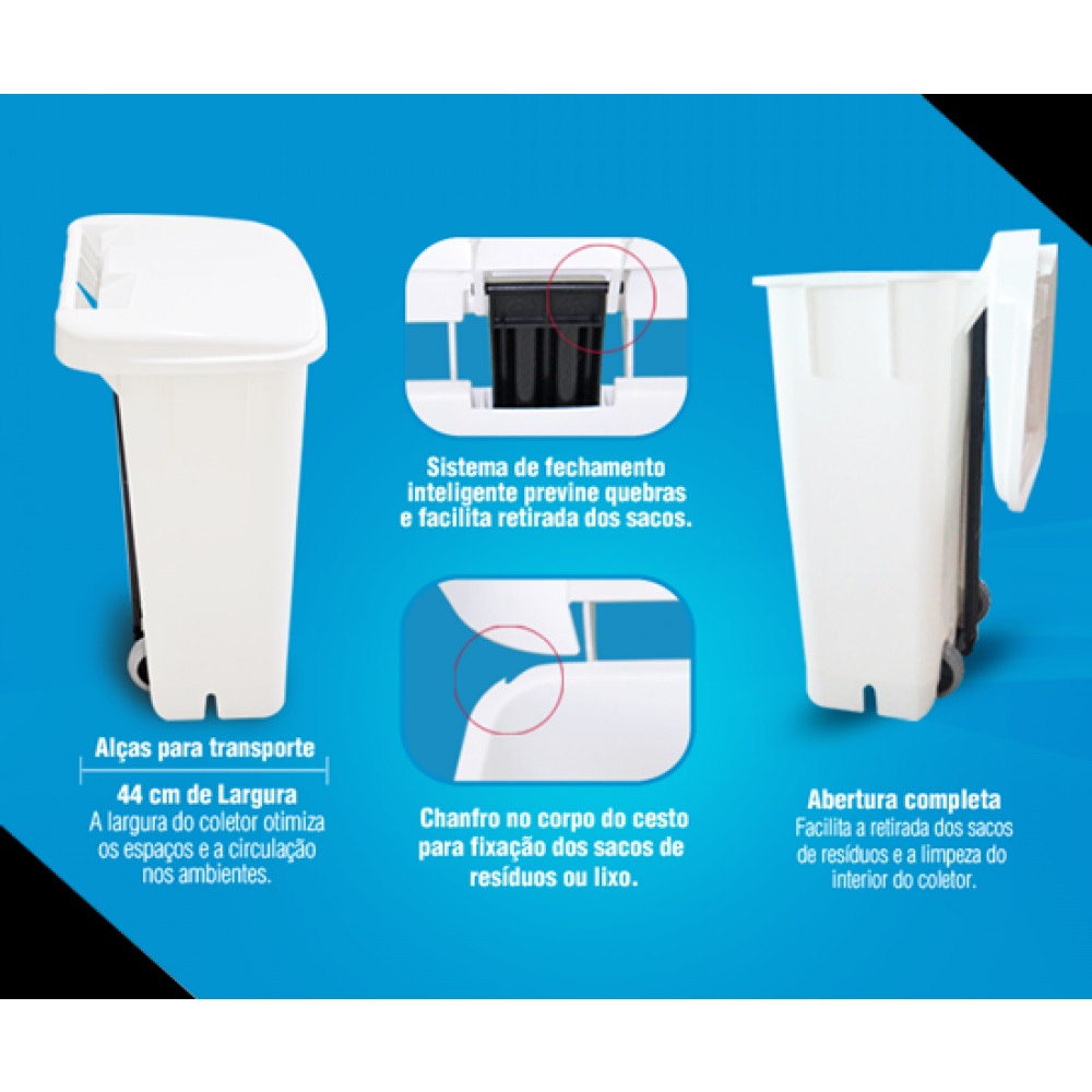 Lixeira com Pedal e Rodas 100L Branca Bralimpia - Imagem 4